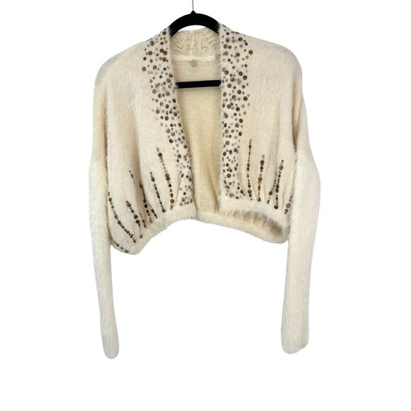 Anthropologie Knitted Knotted XS Crop Bolero Open Cardigan Ivory Sequined Fuzzy - Picture 12 of 12